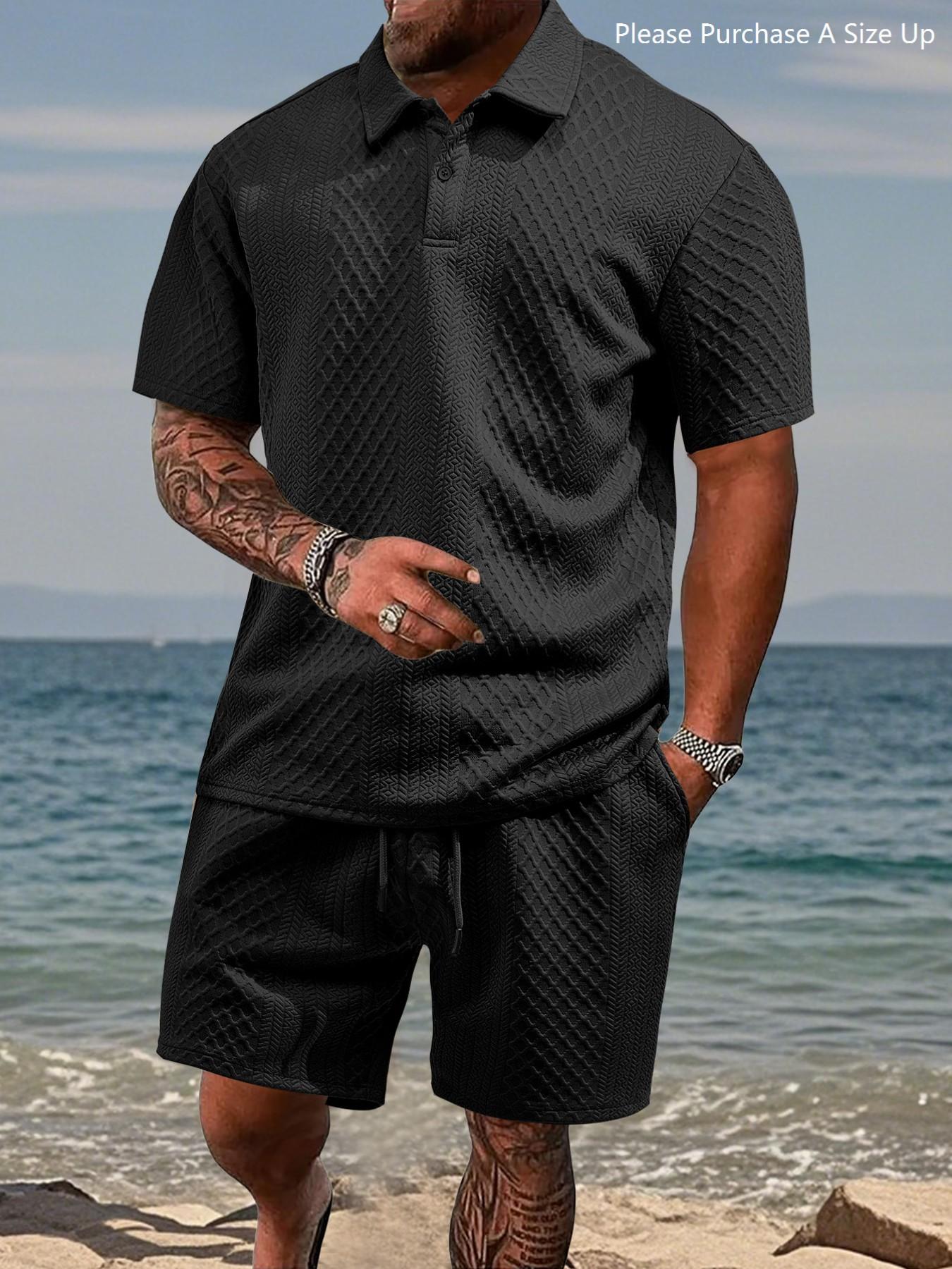Please Purchase A Size Up. Men's Solid Polo Shirt & Drawstring Waist Shorts Set, Cozy Breathable Two-piece Outfits for Daily Outdoor Wear, Men Clothes for Summer. Please Purchase A Size Up. Men's Solid Polo Shirt & Drawstring Waist Shorts Set, Cozy Breathable Two-piece Outfits for Daily Outdoor Wear, Men Clothes for Summer.