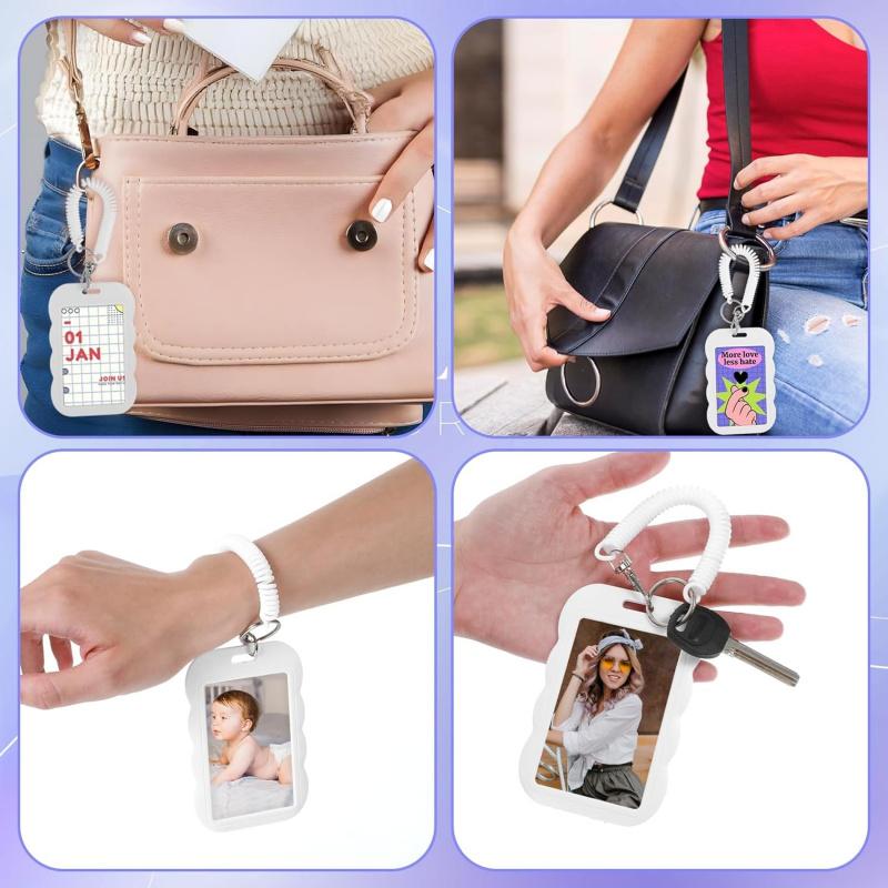 Photo card holder, transparent photo card holder keychain, ID card holder, bus credit card bank card holder, student card photo protector, clear id badge holder (wavy white)
