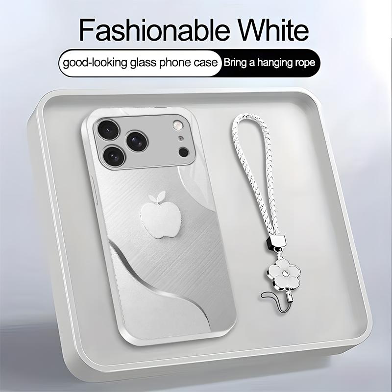 Luxury Faux Brushed Metal Texture Phone Case with Flower Lanyard | Glossy Glass Feel 2D Printed Cover | for [iPhone 17 Pro Max] 952
