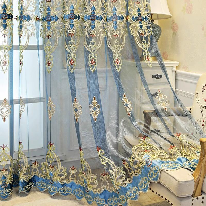 2pcs European Heavy Embroidery Sheer Curtains, Living Room Arched Floor-To-Ceiling Window, Vintage Style Punch Hole Balcony Curtain