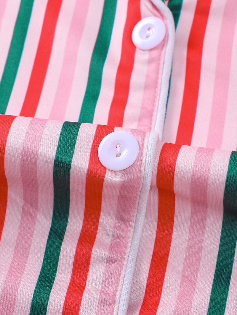 2-piece set full of pink, white, green, and red striped printed long sleeved pants, soft, comfortable, skin friendly, smooth top, small pocket, button closure, elastic waistband, suitable for all seasons home, casual wear, pajamas, Loungewear