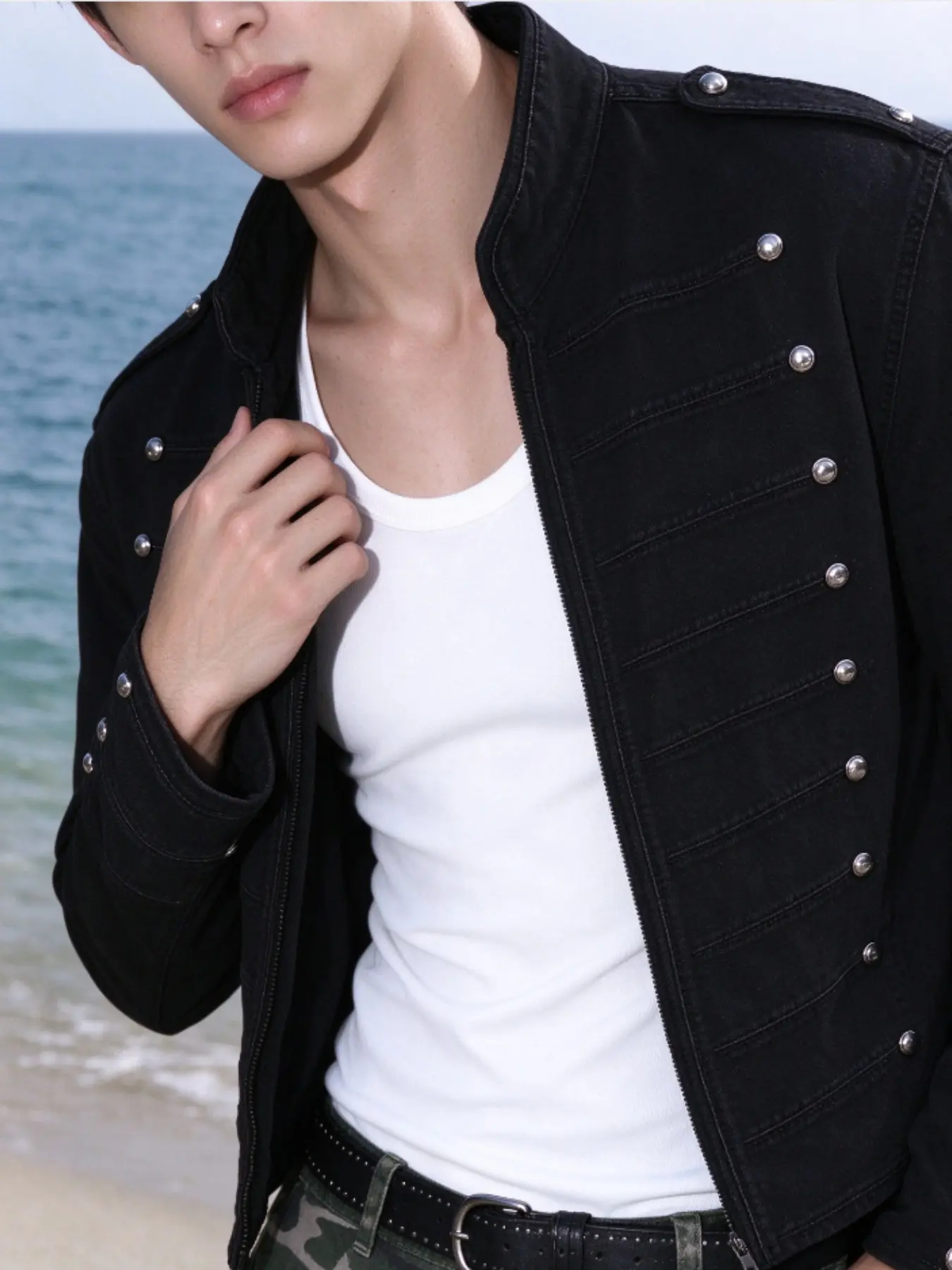 American High Street Cool Jacket, Black Stand Collar with Dual Silver Color Buttons, Fashionable Design for Daily Wear, Casual Outerwear