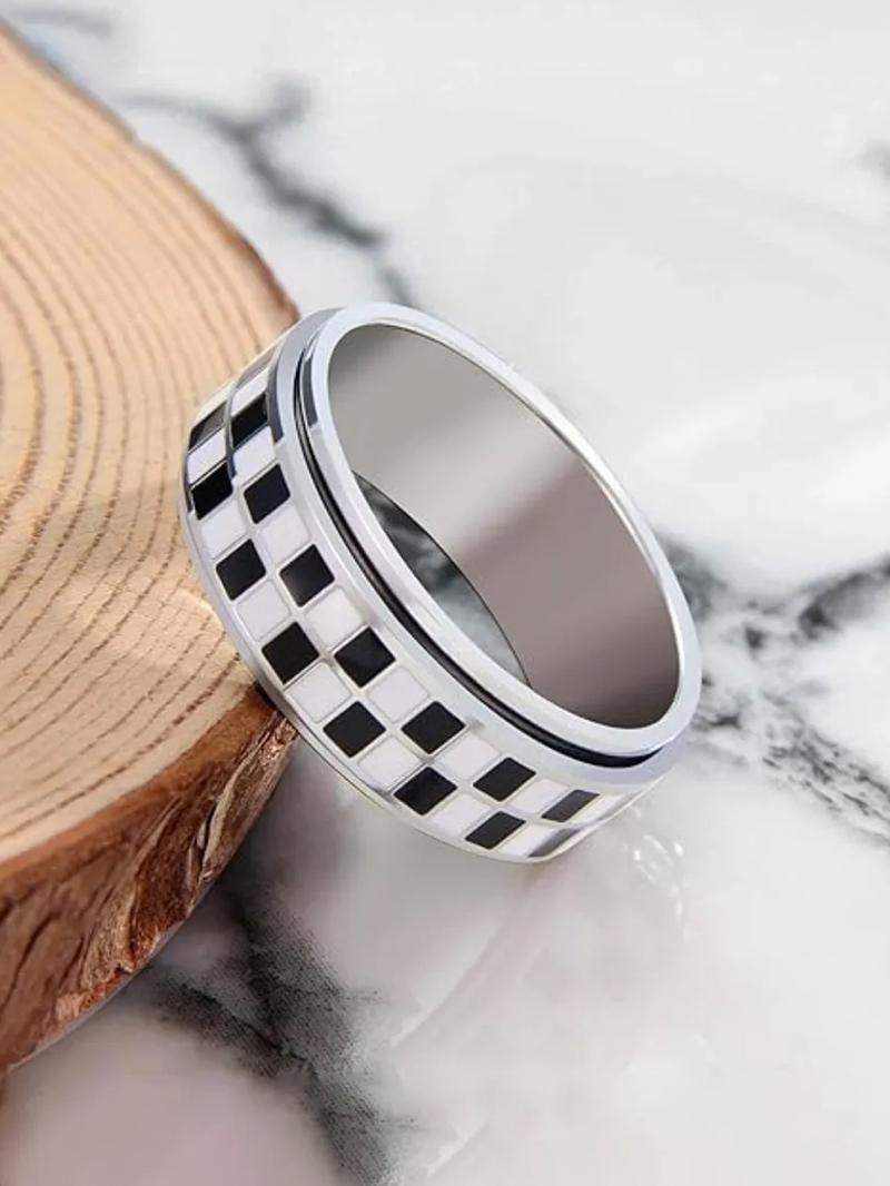 Stainless Steel Checkered Rotating Stress Relief Adjustable Ring, Unisex Casual Daily Wear, Simple Chessboard Design Jewelry
