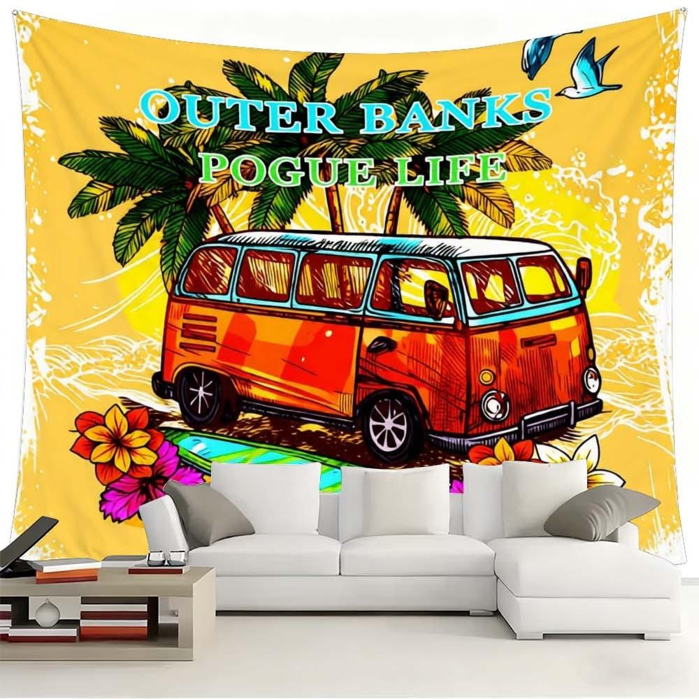 1PC colorful tropical themed wall hanging for living rooms bedrooms and events retro van and palm tree design great for celebrations and gatherings festive atmosphere enhancement lightweight decorative fabric for home holidays parties