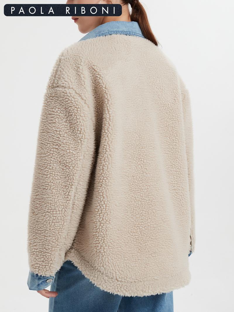 Women's Long Sleeve Loose-Fitting Casual Jacket, Teddy Velvet Patchwork Design, Perfect for Daily Wear & Stylish