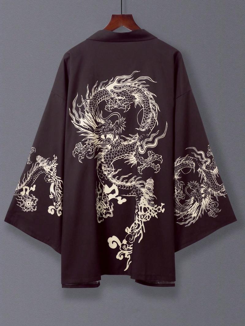 Japanese Style Kimono Dragon Print Cardigan, Unisex Thin Outerwear, Casual Beach Vacation Shawl, Halloween Costume, Fashionable Cape Jacket