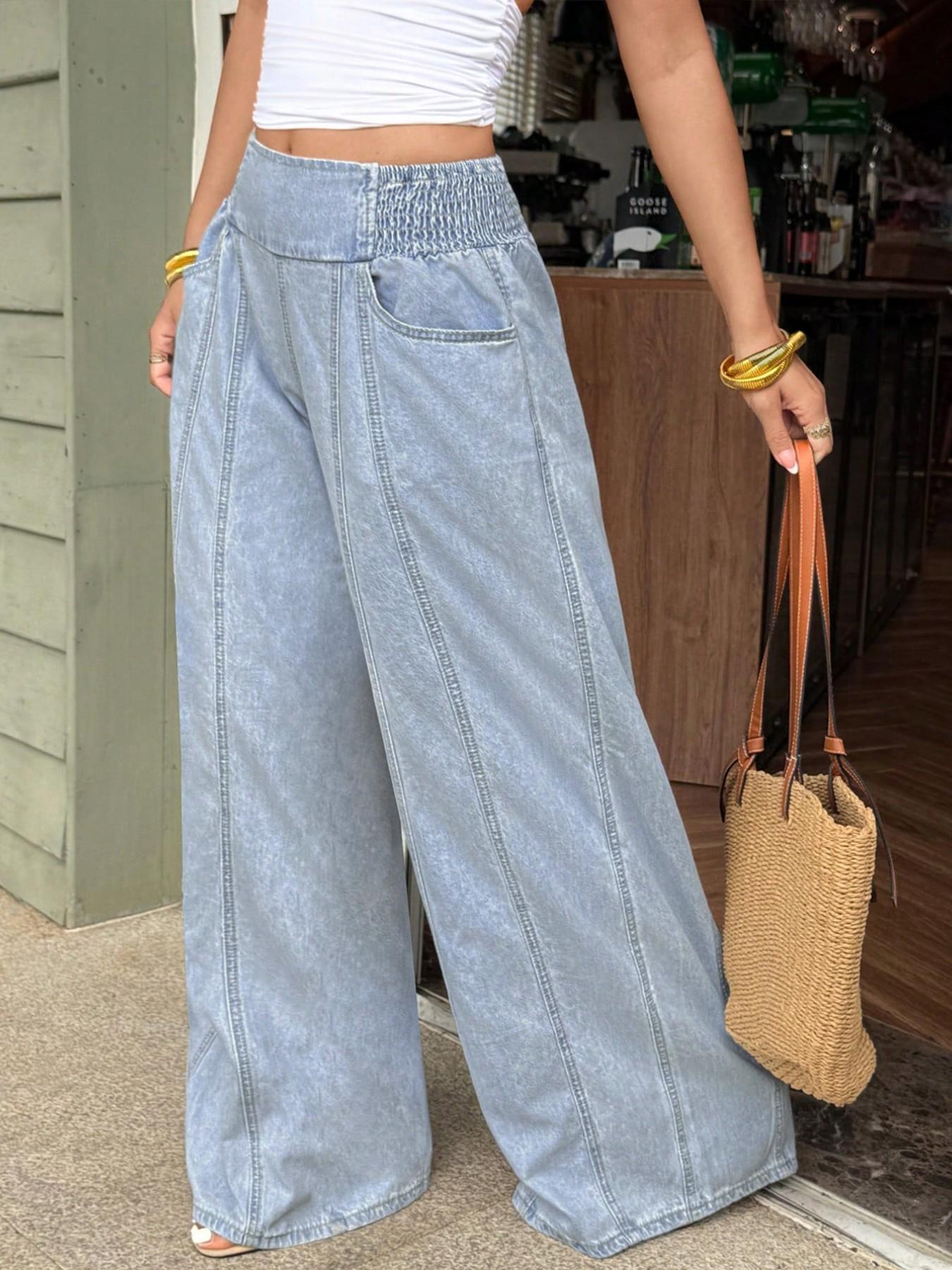 Women Shirred Elastic High Waist Wide Leg Oversized High Waisted Denim Jeans, 4 Way Stretch Light Wash, Casual Baggy Loose Floor Length Trousers with Pockets, Summer Streetwear