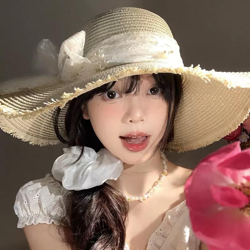 2025 n solar powered fan hat ew straw female lace bow summer large brim sunscreen sun beach sun sun fashion  trucker hats women fitted hats bonnet blue ti hats beret store one  piece  fake  straw  hat custom fedoras