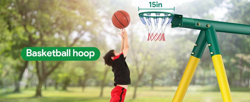 Osoeri Swing Sets for Backyard, 6 in 1 Swing Sets,Heavy-Duty Metal Swing Sets for Backyard with 2 Swings, Climbing Ladder and Nets,Trapeze Bar and Basketball Hoop Osoeri Swing Sets for Backyard, 6 in 1 Swing Sets,Heavy-Duty Metal Swing Sets for Backyard with 2 Swings, Climbing Ladder and Nets,Trapeze Bar and Basketball Hoop