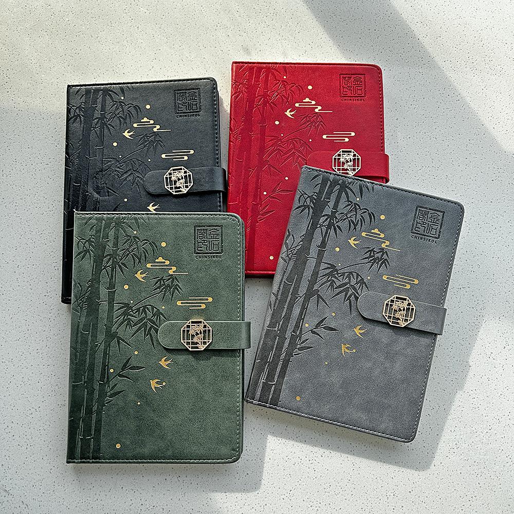 Chinsikol Gift Box Set, Chinese Style Notebooks with Metal Pen and Replacement Refills, Bamboo Pattern, Office Meeting Notes, Study Journals, Portable Notebook
