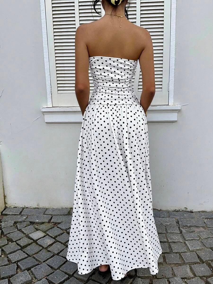 Women's Polka Dot Waist-Cropped Crop Top Dress, Vacation Style, Long Sun Dress, Casual Summer Midi Dress, Elegant Design