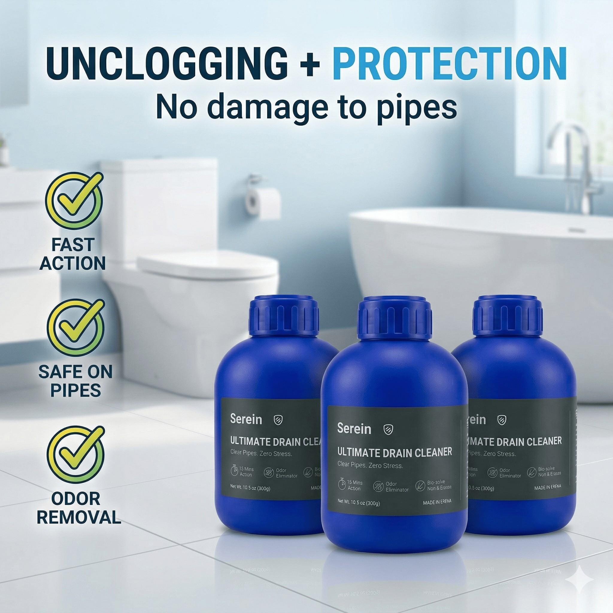 Serein Strong Pipe Unblocker, Quick Dissolving Clog Remover, Effective Drain Cleaner, Fast Acting Plumbing Solution, Home Maintenance Essential