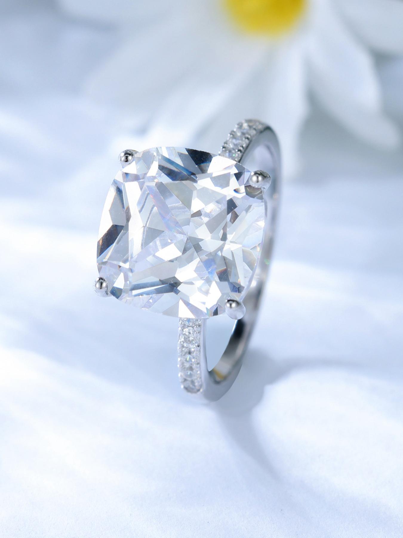 S925 Sterling Silver Square Shaped Artificial Zircon Ring, Beautiful Rings, Shiny Ring for Women, Trendy All-match & Exquisite Jewelry for Birthday Gift, Art Deco Engagement Ring, Elegant Everyday Ring, Fashion Rings