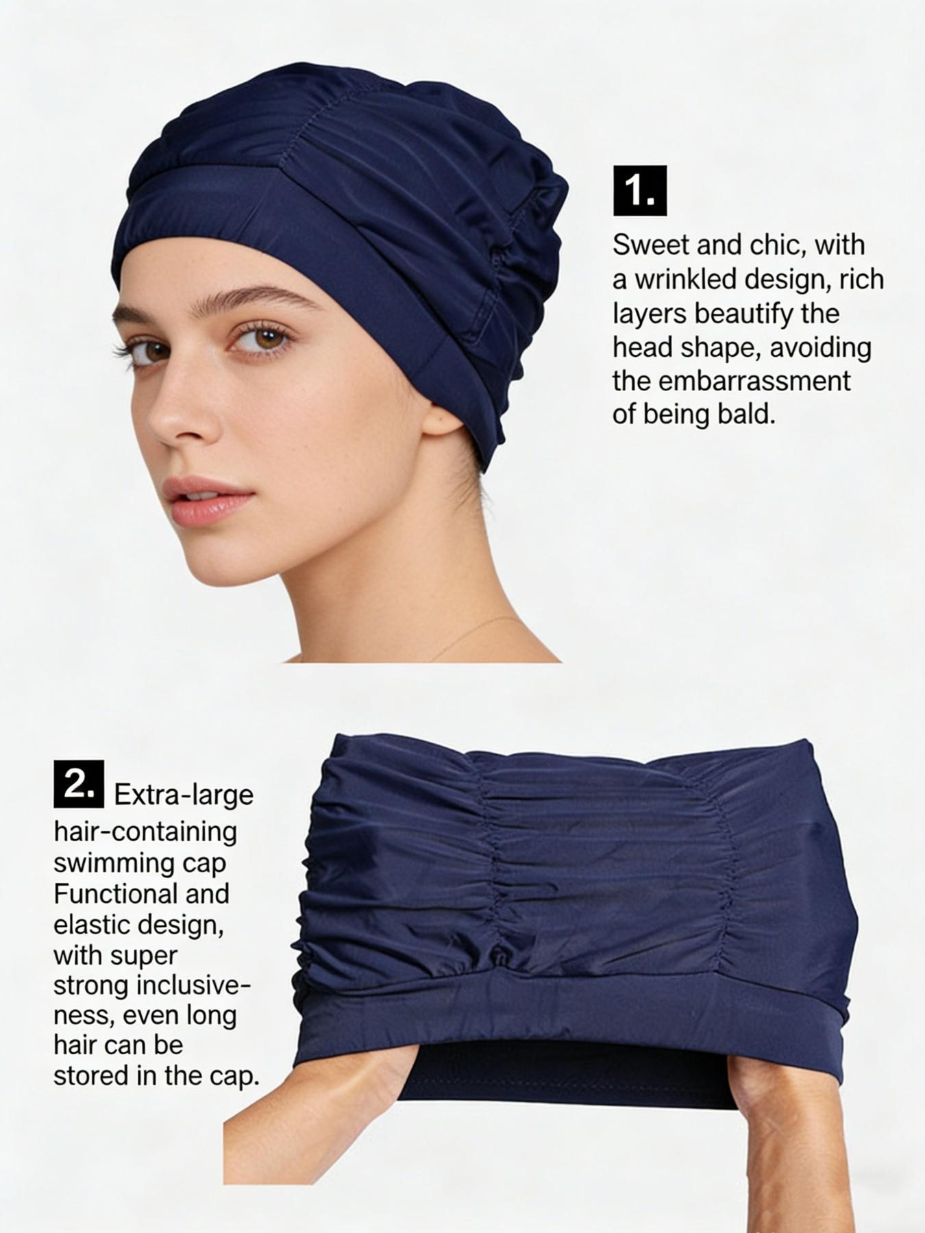 Comfortable Non-Pressing Large Size Long Hair Wrinkle Swim Cap, Solid Color Fabric Swim Cap for Women, Nylon Material Swim Hat