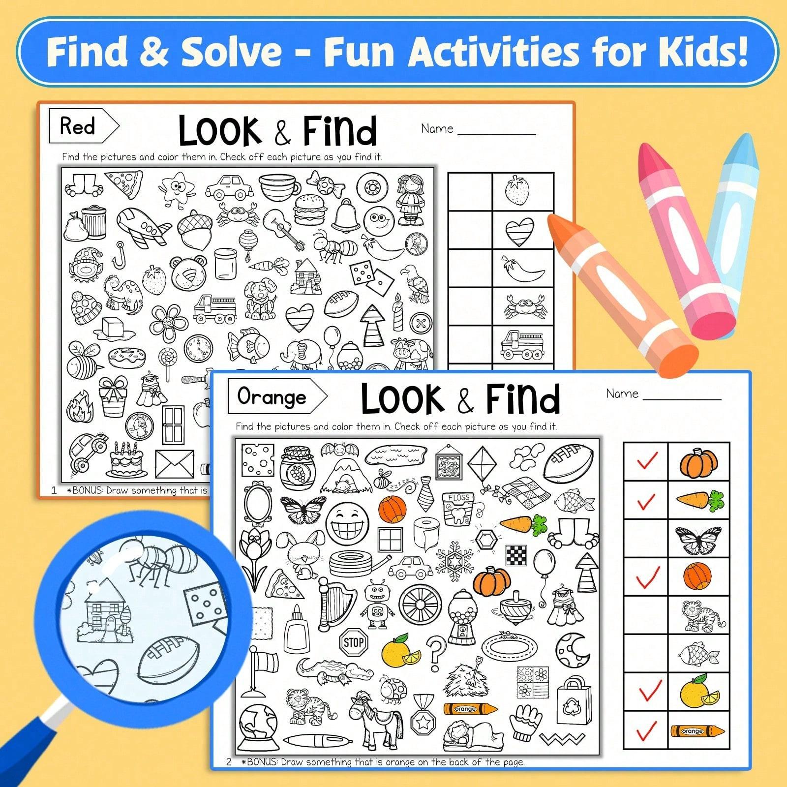 Look and Find Activity Workbook, Hidden Objects Search-and-Spot Pages, Alphabet / Objects / Colors & Shapes Themes, Visual Scanning and Observation Practice, Checklist Challenges, Screen-Free Puzzle Fun, Clear Worksheets for Daily Practice