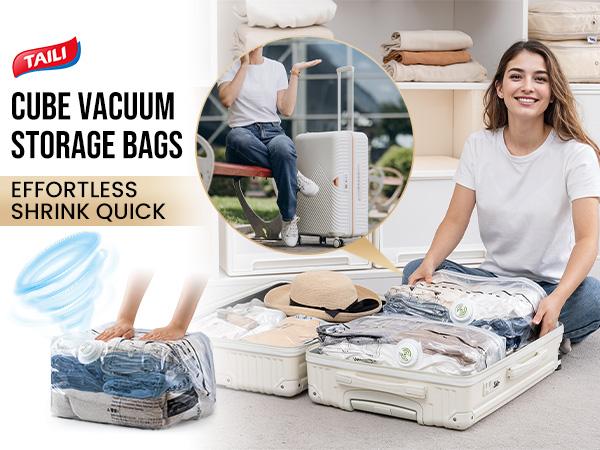 TAILI Pump-Free Travel Vacuum Storage Bags 4 Pack, Cube Medium Size (25x19x11 inch), Reusable Space Saver Compression Bags for Travel Suitcases and Luggage Organiser TAILI Pump-Free Travel Vacuum Storage Bags 4 Pack, Cube Medium Size (25x19x11 inch), Reusable Space Saver Compression Bags for Travel Suitcases and Luggage Organiser