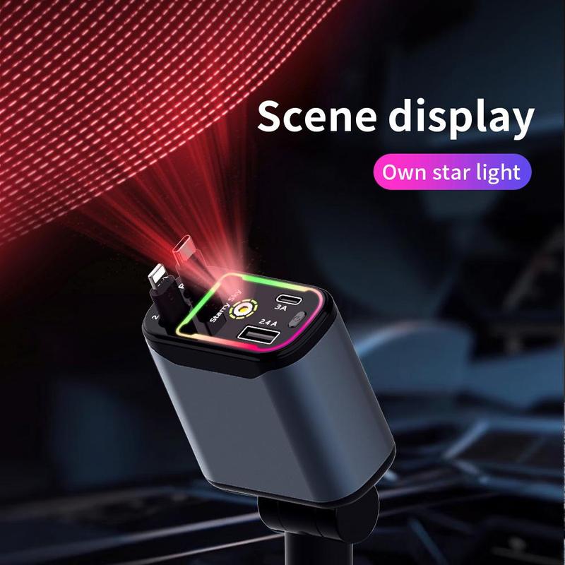 4-in-1 Car Charger, 66W Retractable Car Charger with Star Projector Night Light and LED Decorative Ceiling Light, USB Car Adapter with 2.6ft Retractable Cable Fast Charging Magnetic Wireless Magnetic Charging portable charger
