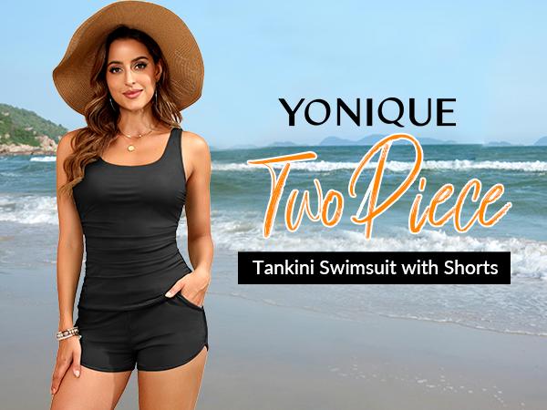 Yonique Tankini Swimsuits with Shorts - Two Piece Swimsuits Tummy Control Bathing Suits with Pockets