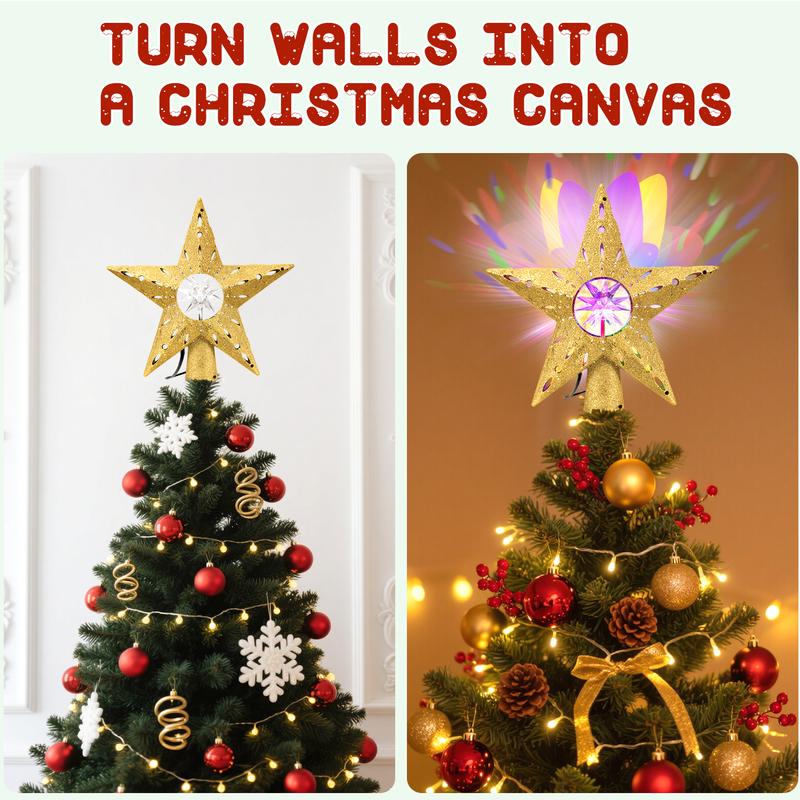 Golden Rotating Christmas Tree Topper with RGB LED Lights, 360° Spinning Diamond & Projection, Festive Tree Decoration with Power, Christmas Tree Topper with Lights, Christmas Decorations for Home Indoor, Candyland Christmas Tree Decorations