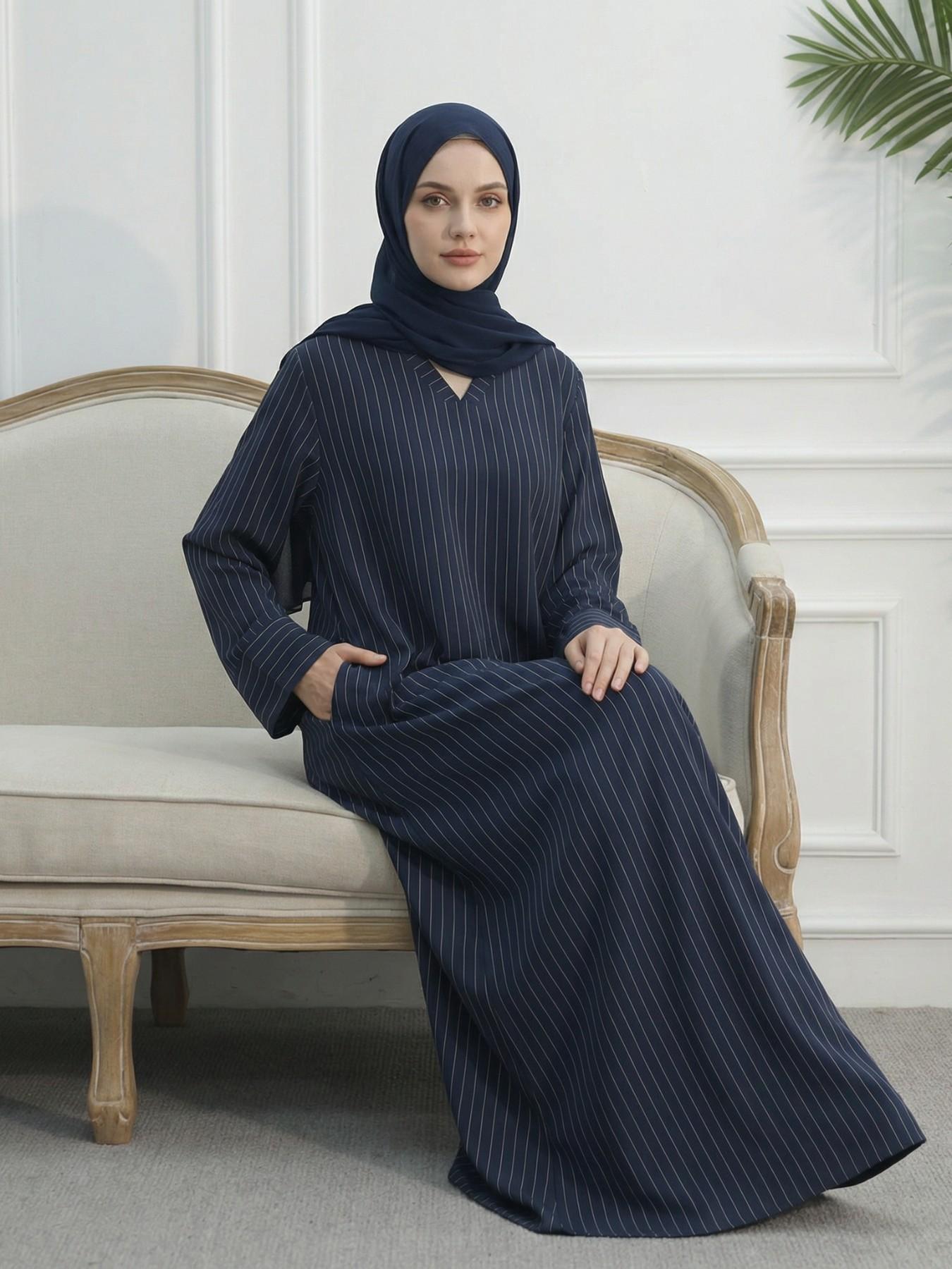 Muslim Women's Loose Striped V Neck Dress Robe, Strong Wrapping, Contains Pockets, No Headscarf, Long Sleeve, Modest Style