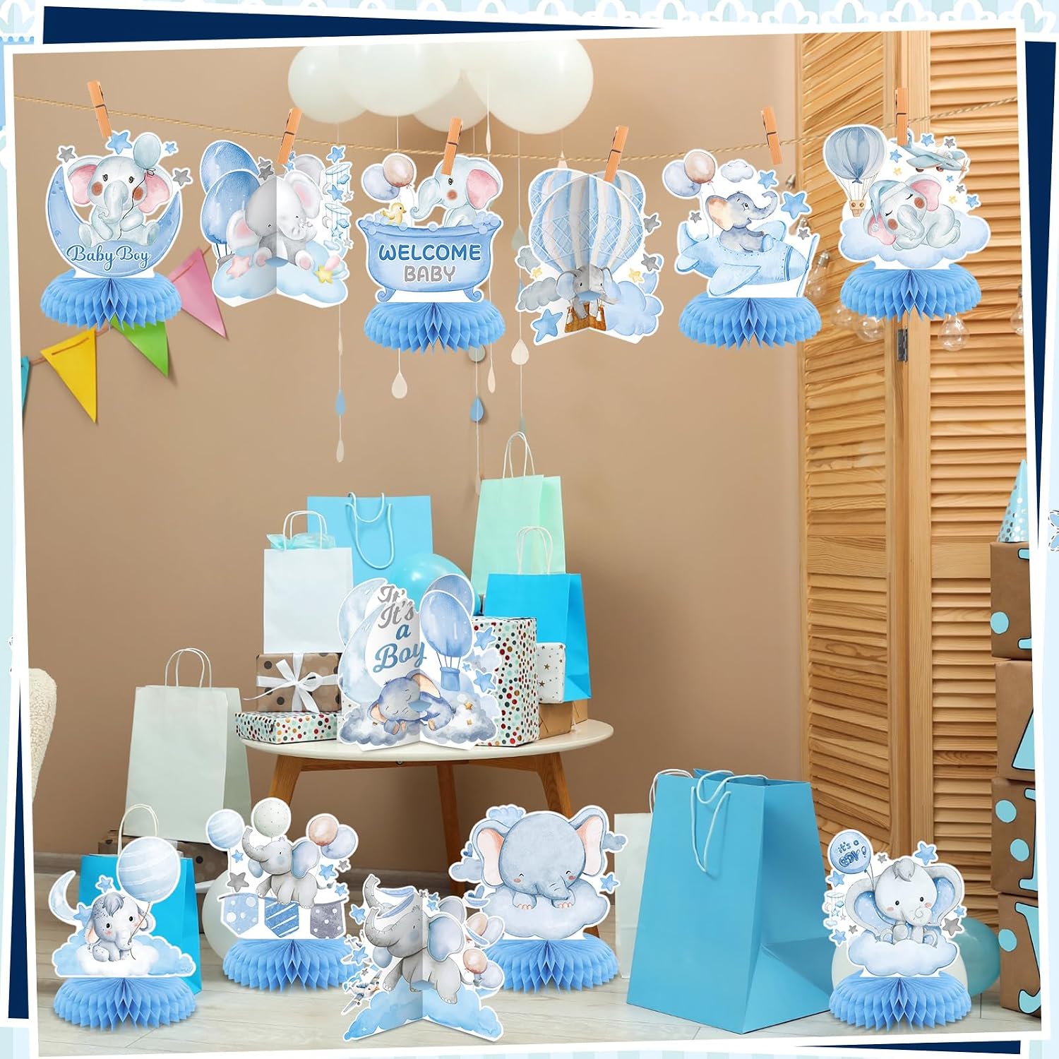 12-Piece Honeycomb Tabletop Decorations Set - Balloons, Star, Moon, Elephant Table Toppers for Gender Reveal, Baby Shower, Birthday Party Supplies