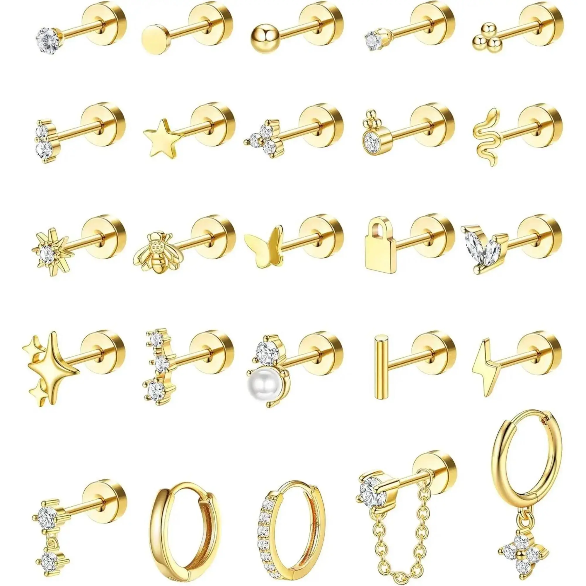 CASSIECA 25Pcs Hypoallergenic Surgical Steel Flat Back Earrings Set for Women Screw Back Earrings, Ear Studs, Hoops with Gold Detailing, Tarnish Proof Non Tarnish Jewelry for Helix Piercings (Silver, Gold), Tarnish Proof Jewelry Sohochic