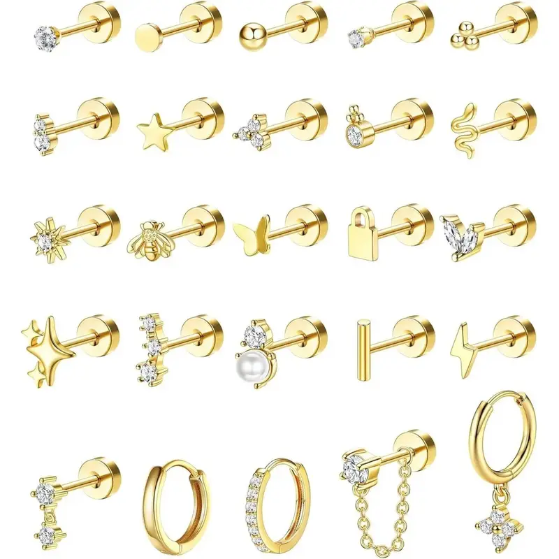 CASSIECA 25Pcs Hypoallergenic Surgical Steel Flat Back Earrings Set for Women Screw Back Earrings, Ear Studs, Hoops with Gold Detailing, Tarnish Proof Non Tarnish Jewelry for Helix Piercings (Silver, Gold), Tarnish Proof Jewelry Sohochic