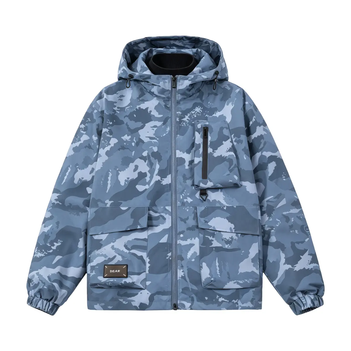 Men's camouflage hooded windproof jacket, full zipper lightweight outdoor shell jacket, multifunctional pockets, adjustable lace up hood pocket and elastic cuffs, loose camouflage jacket, suitable for hiking, camping, travel, daily street wear, and year-r