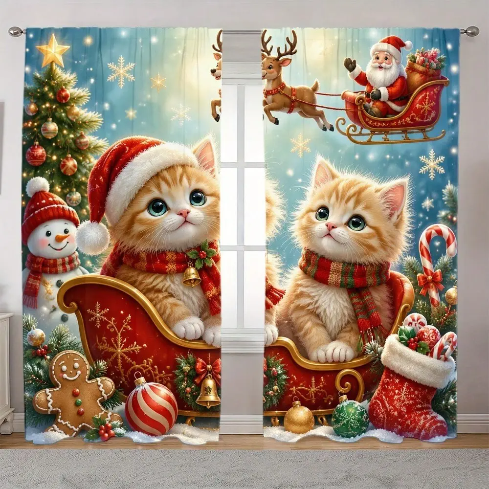 2-Pack Christmas Cat Pattern Curtains, Modern Art Style, Semi-Transparent Privacy & Light Blocking, Living Room, Bedroom, Kids Room, Sunroom Decor