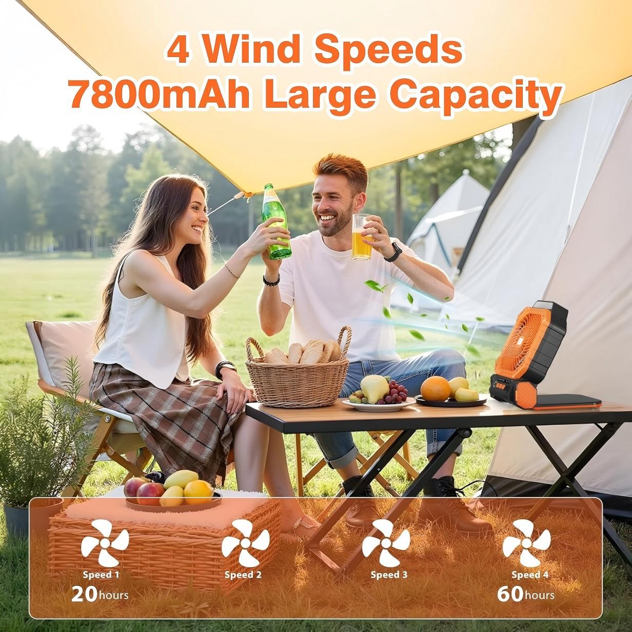 New Solar Powered Outdoor Fan with Solar Panel, Portable USB Charging, 4 Speeds, 3 Light Modes, Ultra Quiet, Timer, Camping Tent Fan