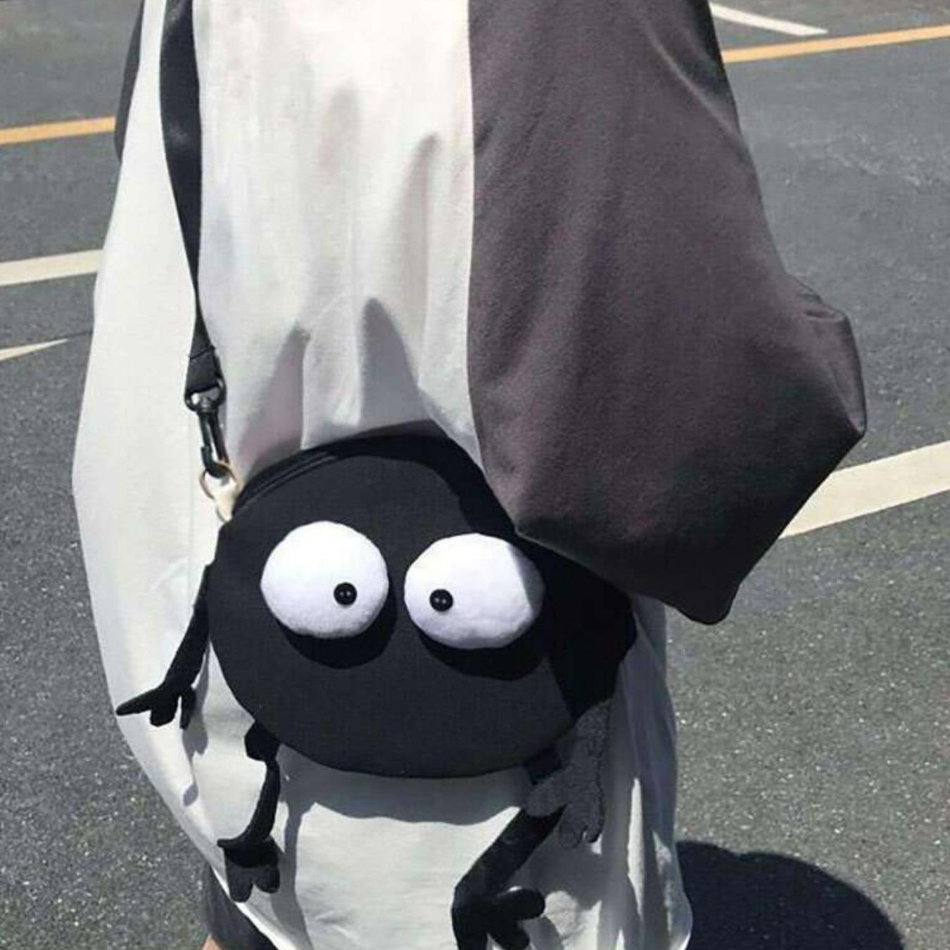 Cute Cartoon Charcoal Ball Design Canvas Handbag Organizer Bag, Minimalist Crossbody Bag with Colorful Edges, Stylish Daily Use