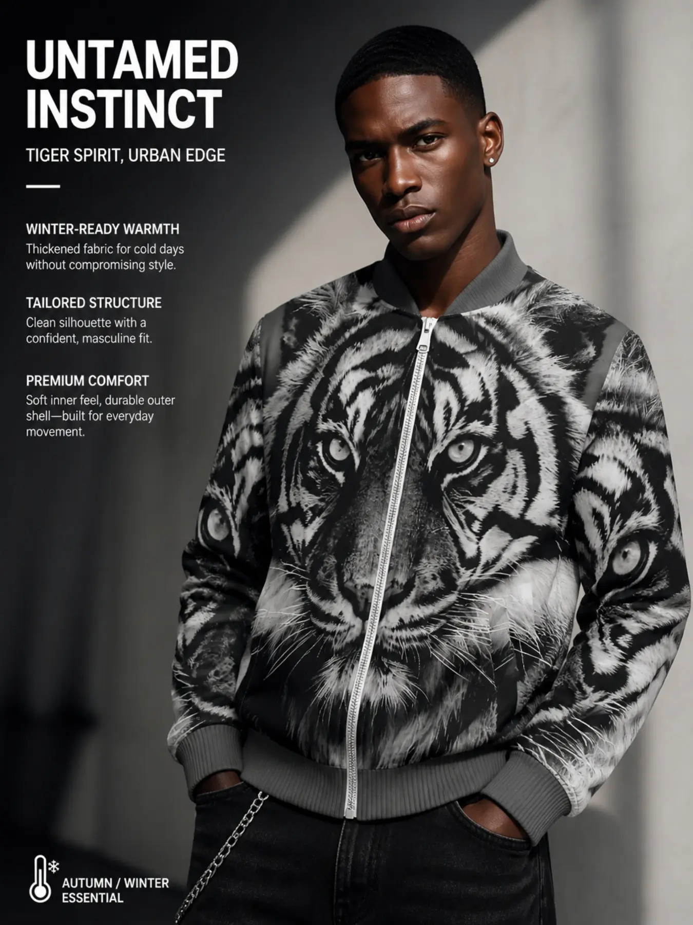 Men's Tiger Face Pattern Full Zip Bomber Jacket, Vintage Bengal Tiger Print Windproof Jacket, Streetwear Fall Winter Coat