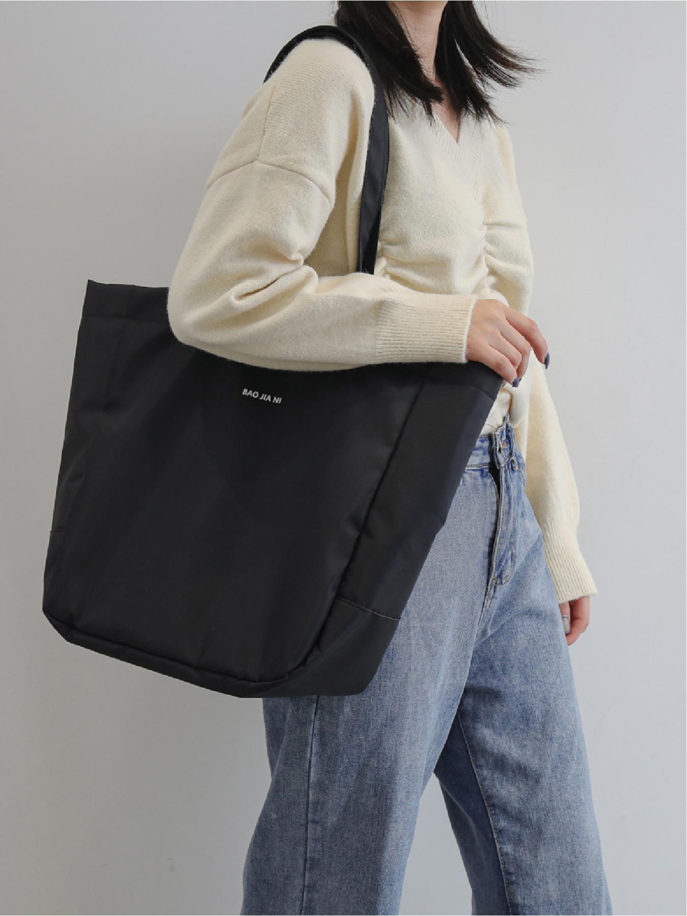 Large capacity drawstring design shoulder bag solid color with letters simple casual tote bag handbag shopping bag travel bag