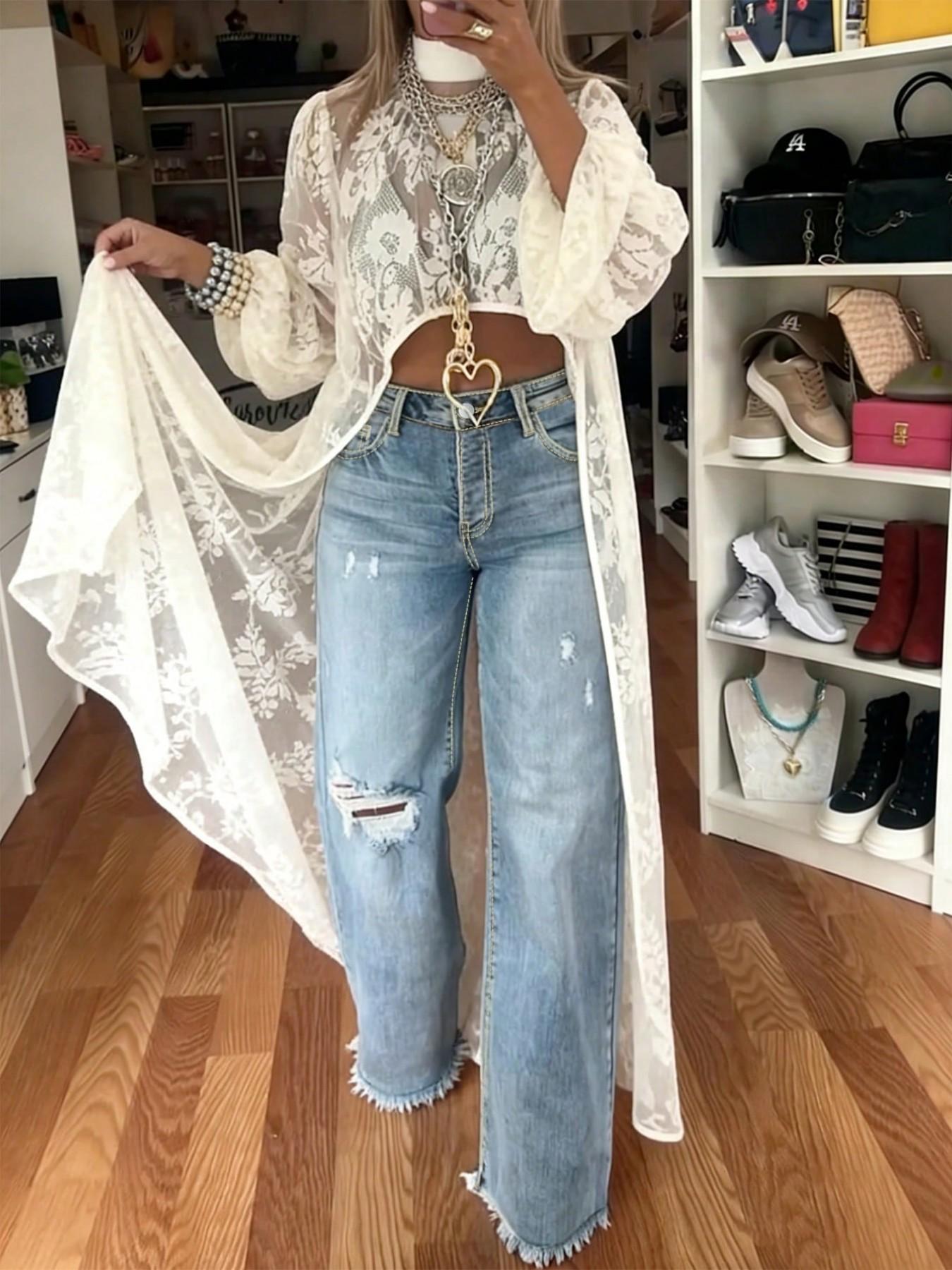 Light Wash High Waist Full Length Wide Leg Distressed Jeans For Women Casual, Trendy Denim Jeans, Comfortable & Stylish, Perfect for Casual Wear, Women's Fashion, Denim Bottoms