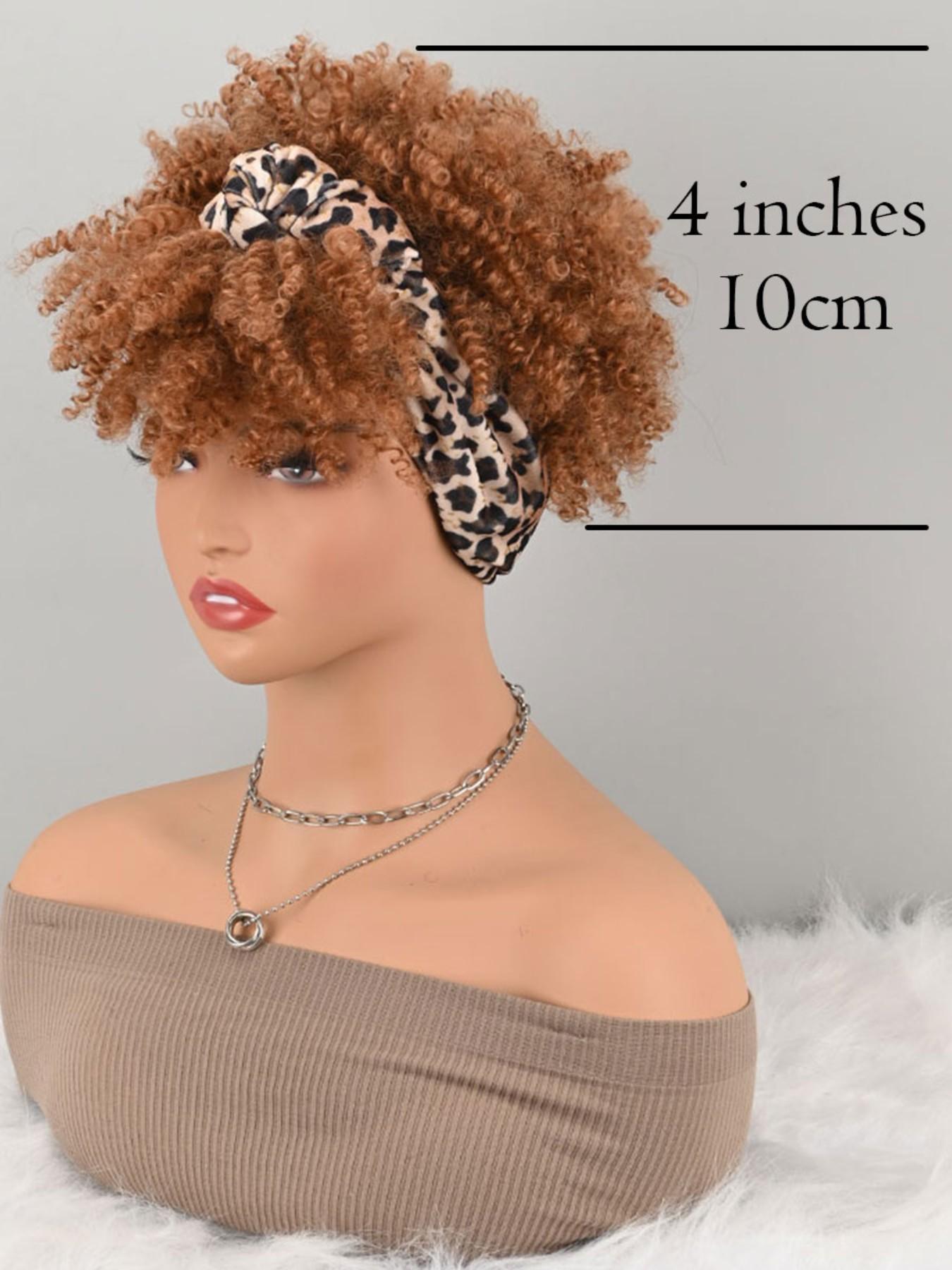 Light Brown Afro Kinky Curly Synthetic Headband Style Wig Leopard Print Knotted Turban Wig High Temperature Fiber Hair Wig For Women Daily Casual Wear
