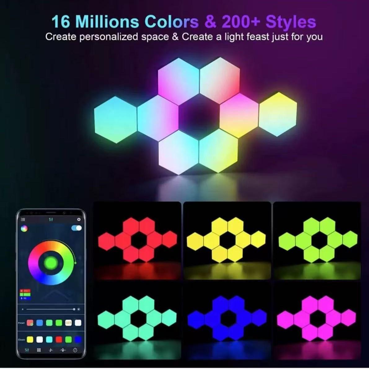 Hexagonal Wall Light Panel, Smart APP RGB Hexagon LED Modular Strip Remote Control, Music Sync Function for Gaming Room, Living Room, Bedroom