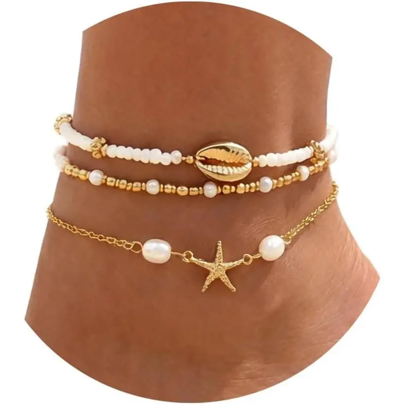 Fesciory Shell Ankle Bracelets for Women, Gold Plated Boho Anklet Set with Pearl Beads Starfish Conch Seashell, Adjustable Summer Beach Hawaiian Foot Jewelry Gift