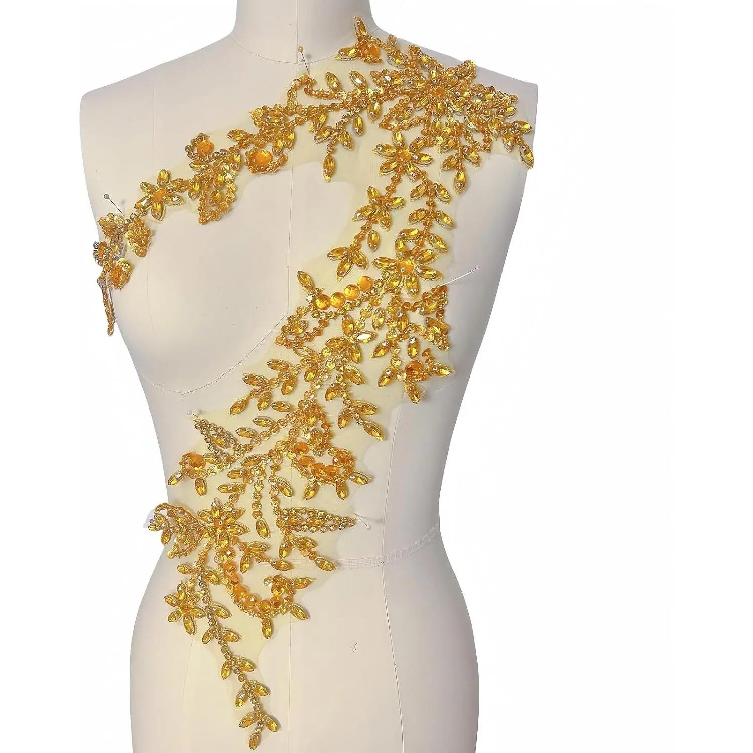 Golden Glass Acrylic Rhinestone Lace Appliques Patches, Sew On DIY Decorations for Wedding Dress Prom Costumes Gown Front Bodice Clothing