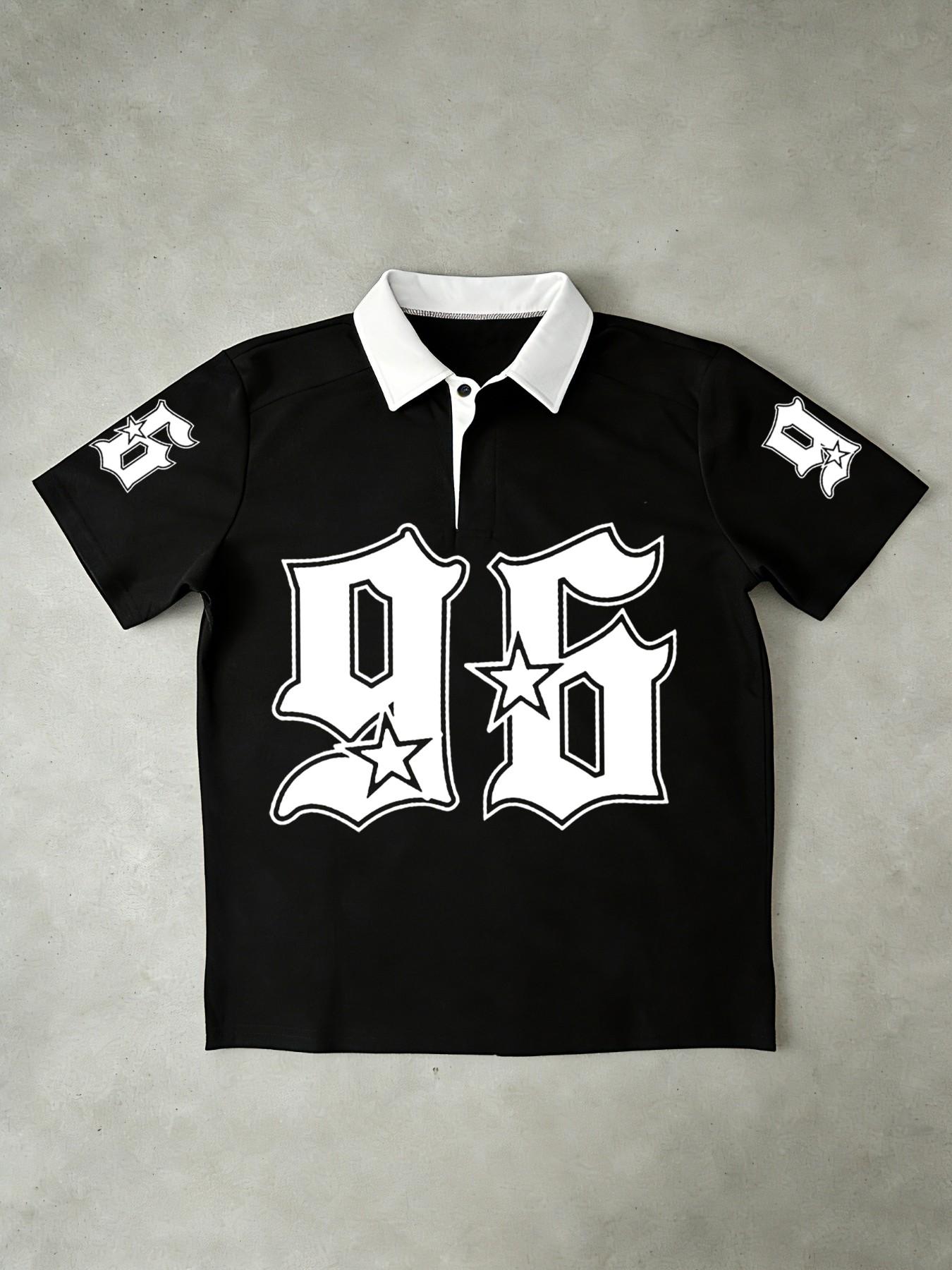 トップス 00s archives Zip design polo shirts y2k Retro 96 Star Print Polo Shirt, Y2K Streetwear, Eye-Catching
