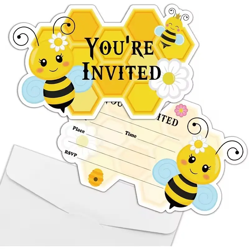 Bee-shaped blank invitation cards, printable on both sides, suitable for gatherings and birthday parties, are creative decorative supplies for bee-themed parties