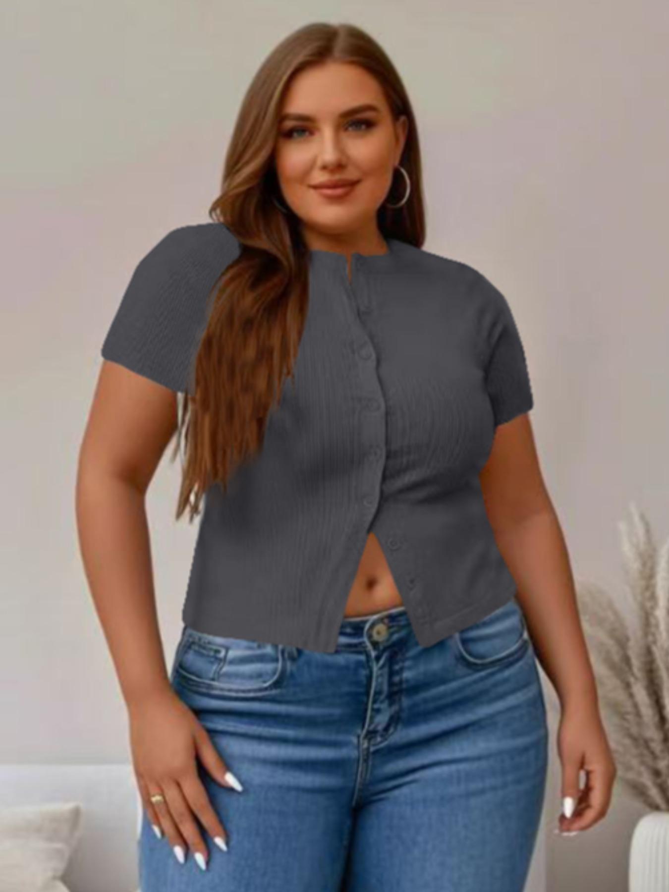 【Plus Size】 Solid Ribbed Short Sleeve Top, Casual Button Front Top for Summer, Women's Plus Clothing for Daily Wear 【Plus Size】 Solid Ribbed Short Sleeve Top, Casual Button Front Top for Summer, Women's Plus Clothing for Daily Wear