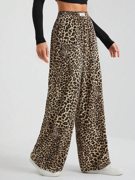 Valentine's Day Women's Leopard Print Wide Leg Pants, Casual Comfy Trousers for Daily Wear, Ladies Bottoms for Summer