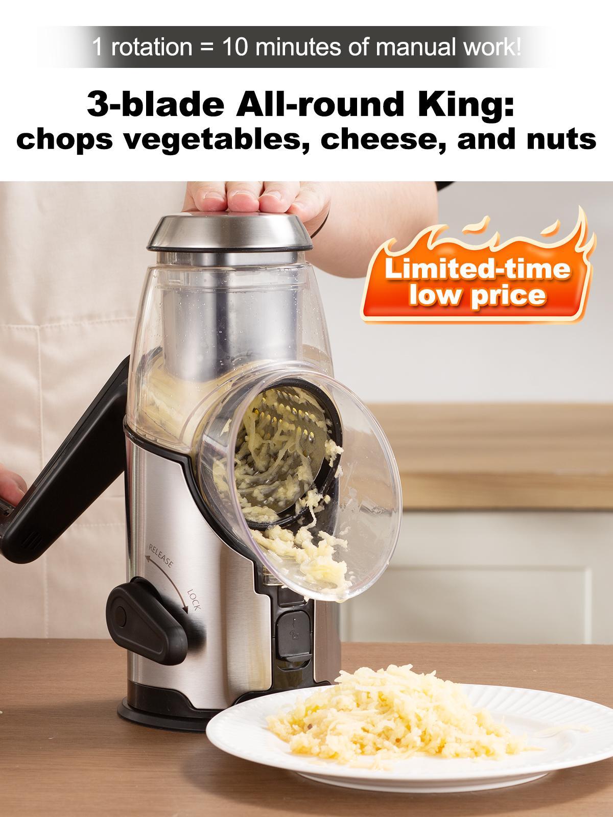 Kitchen Rotary Cheese Grater with Handle -Mandoline Slicer with 3 Stainless Steel DrumBlades-Vegetable Slicer Walnuts Grinder Cheese ShredderRound Mandoline with Peeler, Christmas Gift in Black Friday
