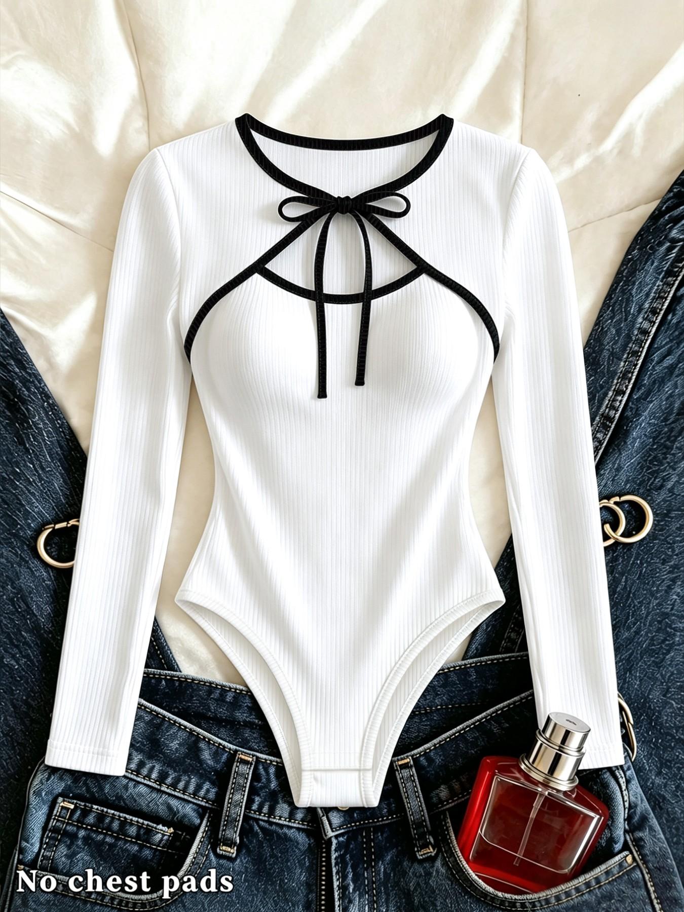 All Season Long Sleeve Bodysuit, Ribbed Knit Garment With Contrast Cutout Neck Tie Bow, Slim Fit For City Shopping Daily Casual Outfits For Young Adult Women