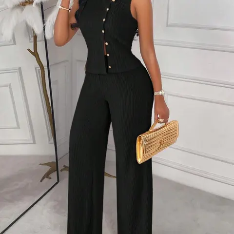 Elegant Striped Sleeveless Top with Straight Leg Pants Set, Casual Business Style, Latest Spring Summer Women's Casual Fitted Set
