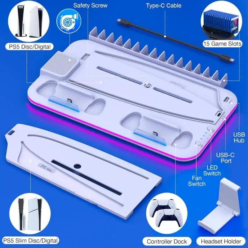 PS5 Stand with Cooling Station and Controller Charging Station for PlayStation 5 Slim Console, PS5 Controller Charger, Cooling Stand, Dynamic Light, Headset Holder for PlayStation 5 Accessories, White