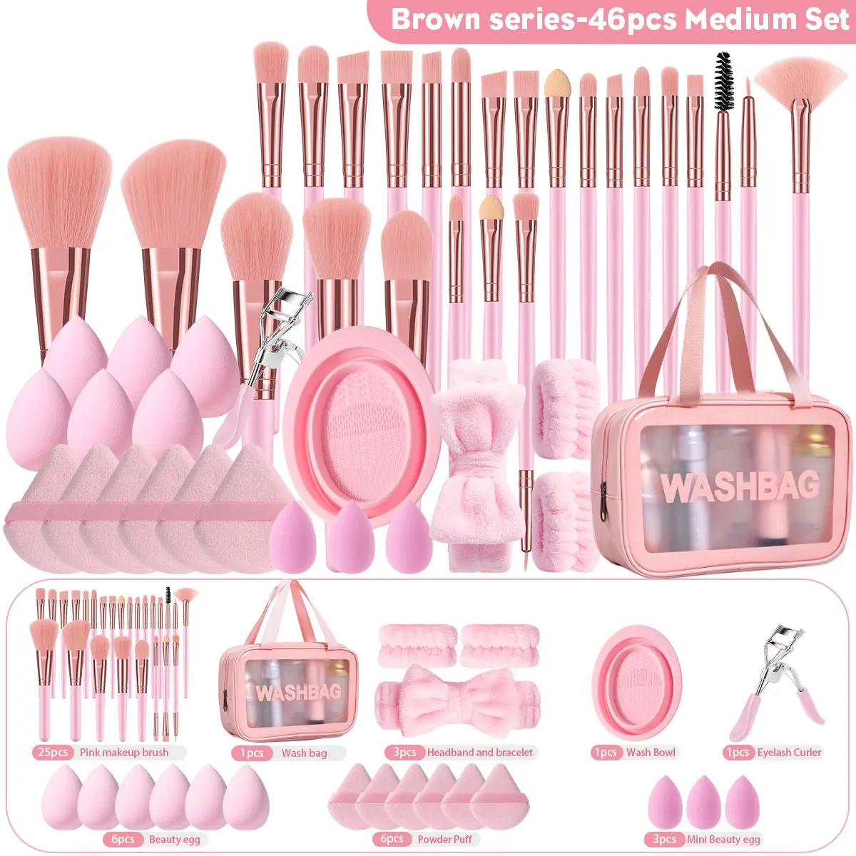 46-Piece Makeup Brush Set, Includes Foundation Sponge, Cosmetic Bag, Complete Beauty Tools, Essential Makeup Accessories