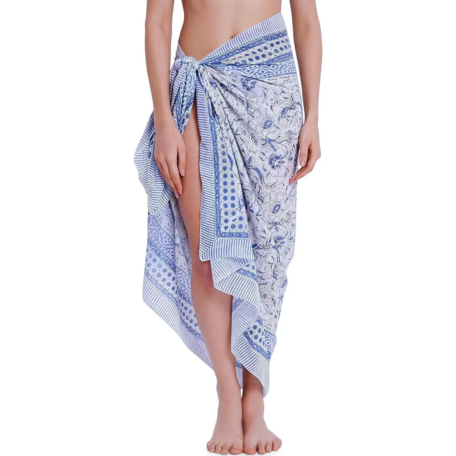 Hand Block Print Beach Sarong Cover Up Women Swimwear Wrap Skirt Cotton Lightweight