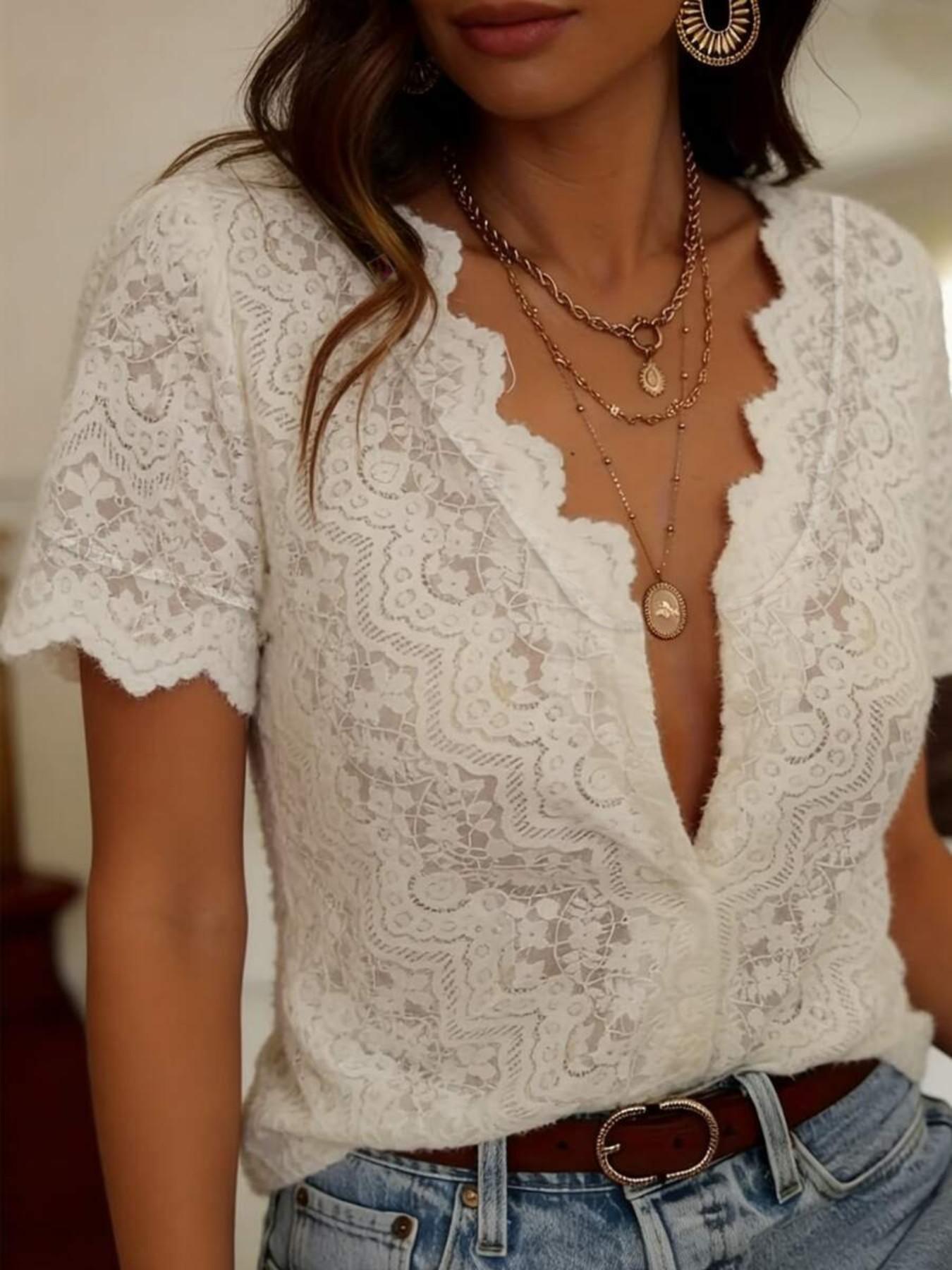 Women's Summer New Vintage Elegant Embroidered Lace Short Sleeve Slim Button Deep V Neck Dressy Casual Blouses Fashion Blouse Shirt, Stylish and Comfortable Design Tops Embroidery
