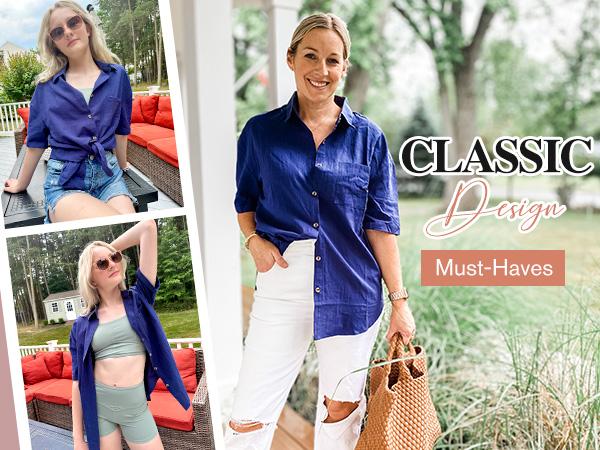 Linen Shirts for Women Cotton Button Down Short Sleeve Loose Fit Collared Casual Work Summer Blouse Tops Basic Lady Breathable Essential Fabric Fashion Formal Beach Cover